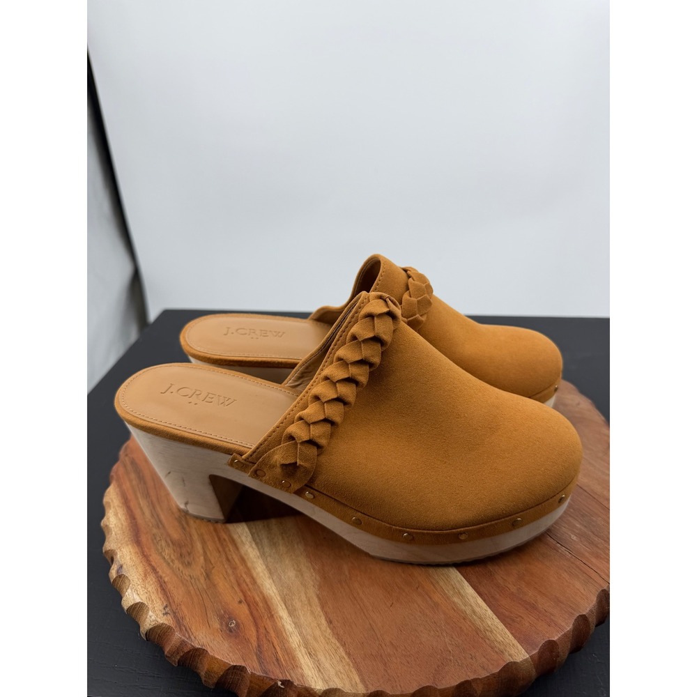J.Crew Braided Clogs Shoes Women 8.5 Honey Brown Wood Platform Mules BJ249